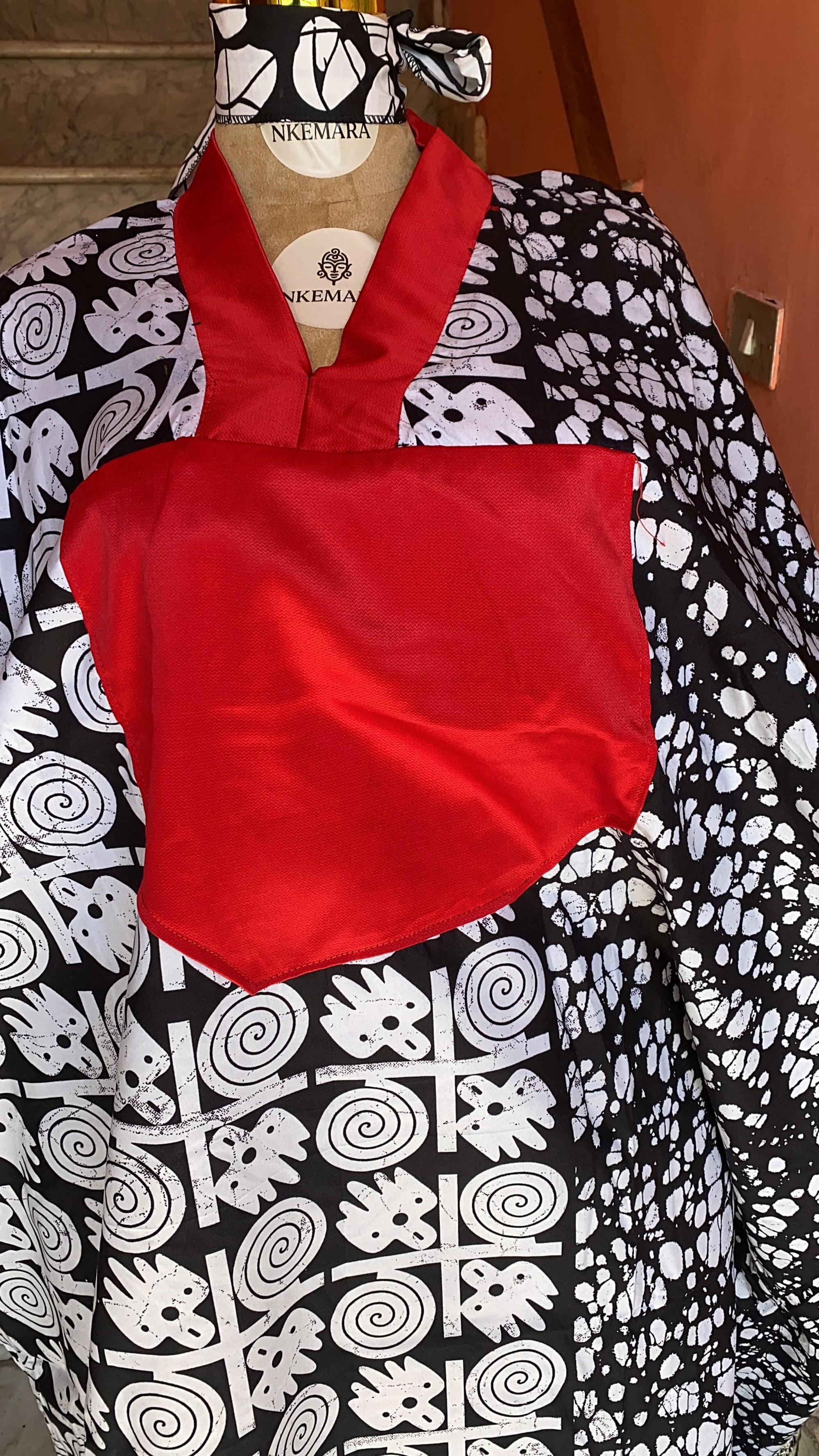Long Bubu Dress with Red Chest Detail and scarf