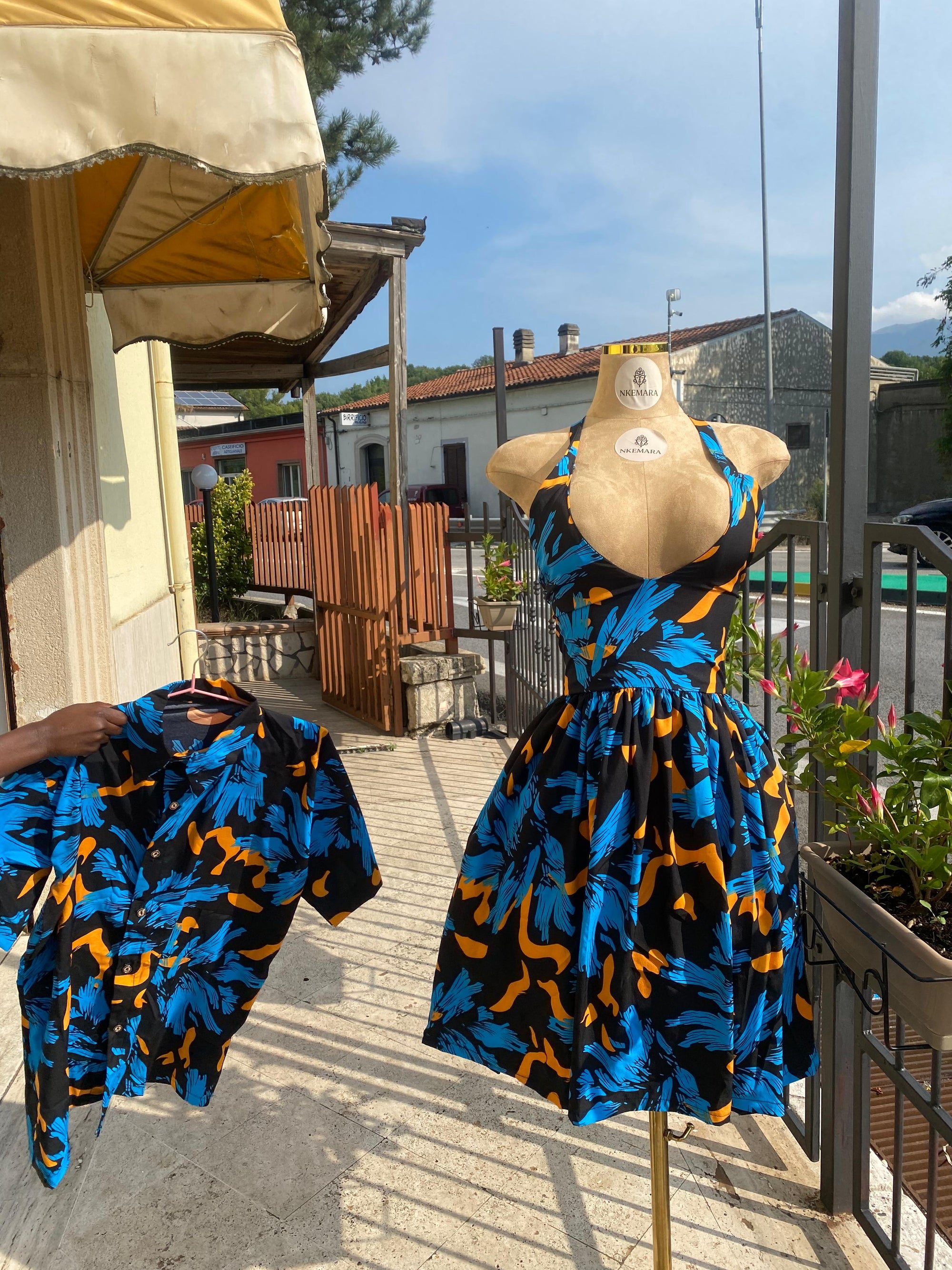 Couples Matching Outfit – Blue & Orange Print Dress and Shirt