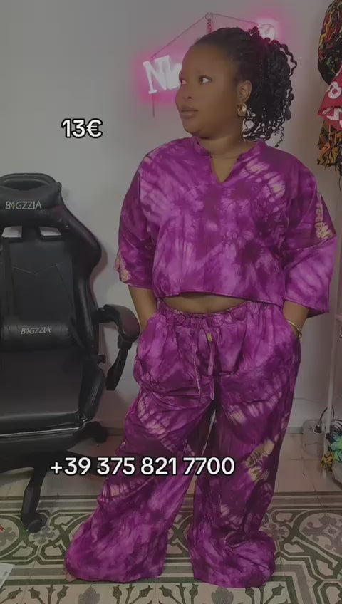 Adire purple Ankara design crop top with long palazzo trousers one size S - 2xl